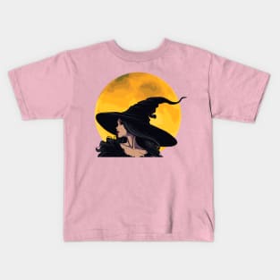 Black witch with yellow moon Halloween Kids T-Shirt